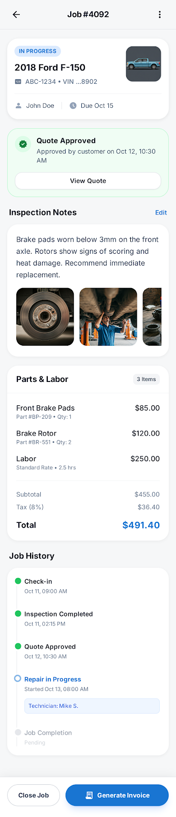Pro Garage job detail view